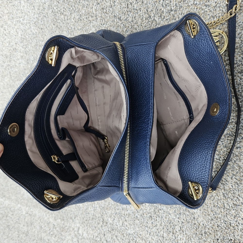 Michael Kors Jet Set Medium Navy Blue Chain Link Leather Shoulder Bag Purse - Picture 14 of 16